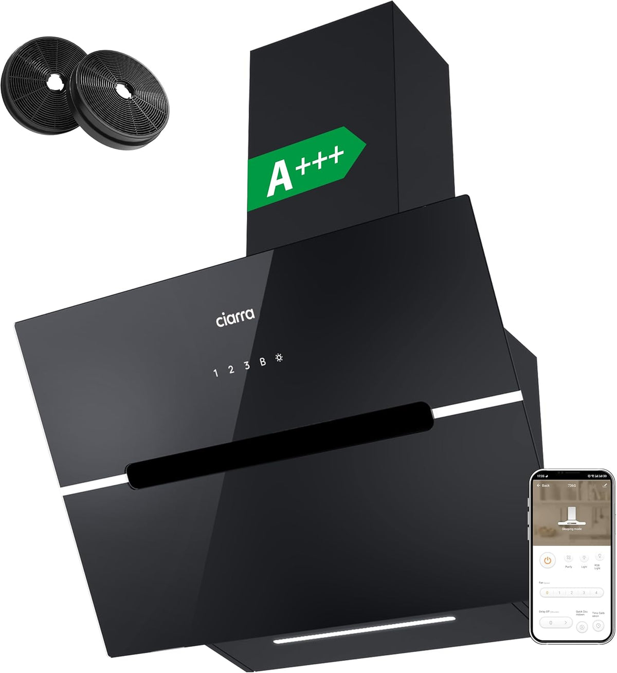 Ciarra CBCB6736F Classe A+++ Hotte Aspirante Inclinée 60cm - 650m³/h - Commande Tactile Wi-Fi - Fonction Boost - Design en Verre Élégant - Noir(Noir)