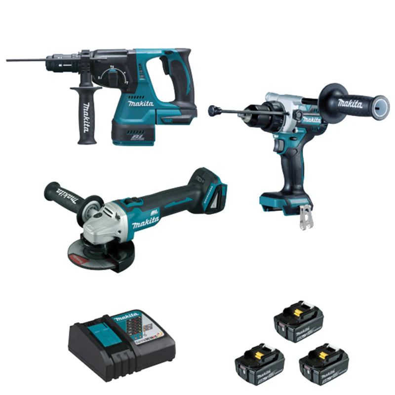 Pack 3 outils MAKITA DLX3157TJ (DDF486+DHR243+DGA506+BL1850×3+DC18RC+MAK24)