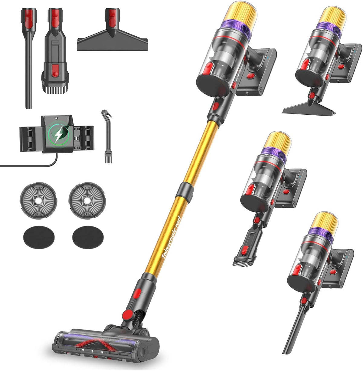 V16 Aspirateur Balai sans Fil 55Kpa/600W/80Mins, Aspirateur sans Fil Puissant, Écrans Tactiles LED, Mode Automatique, Brosse Anti-Emmêlement pour Tapis, Sols Durs et Poils d'animaux(Doré)
