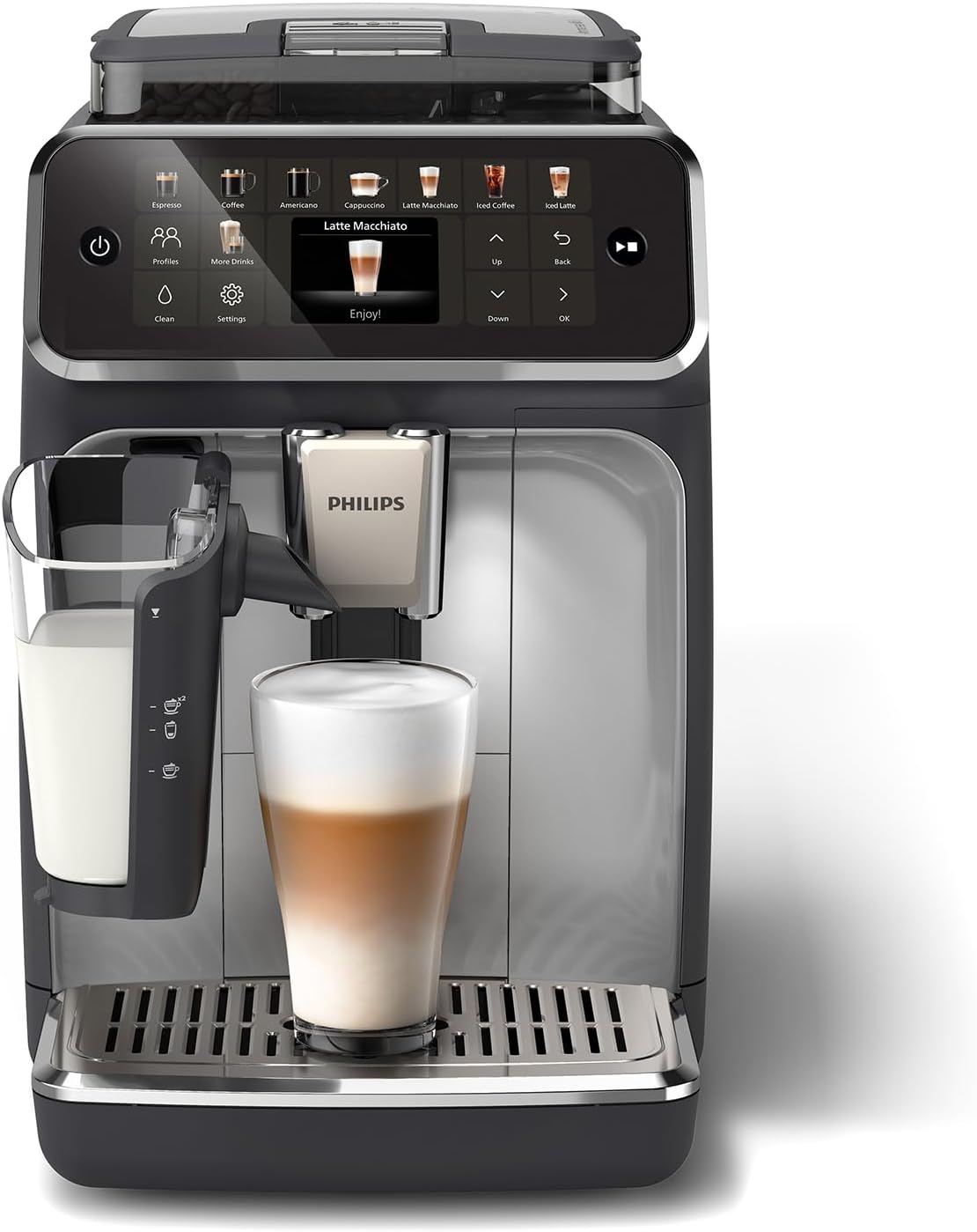 Philips Expresso broyeur Série 5500 – 20 Boissons Chaudes et Glacées, Carafe LatteGo facile à nettoyer, SilentBrew, QuickStart, Machine à café à grain Noir/Argent (EP5546/70)(Noir/Argent)