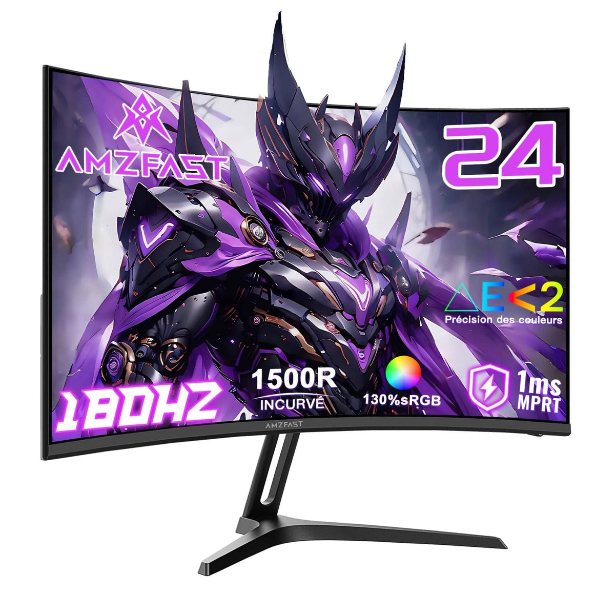 Amzfast Écran PC Gamer Incurvé 24 Pouces - 180Hz, FHD 1920x1080, sRGB 130% / DCI-P3 97%, 1 ms MPRT, Anti-Lumière Bleue, Adaptive Sync, HDMI 1.4 + DP(Noir/Violet)