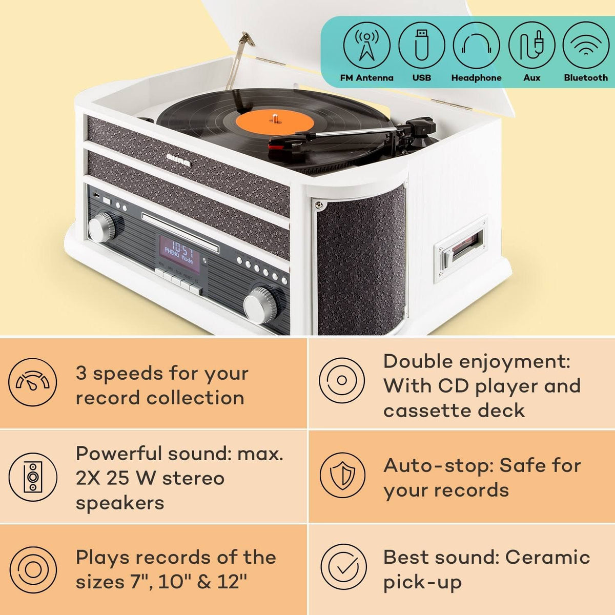 Auna Chaîne stéréo rétro Belle Epoque 1908 DAB platine vinyle DAB+ Bluetooth(Blanc/Noir)