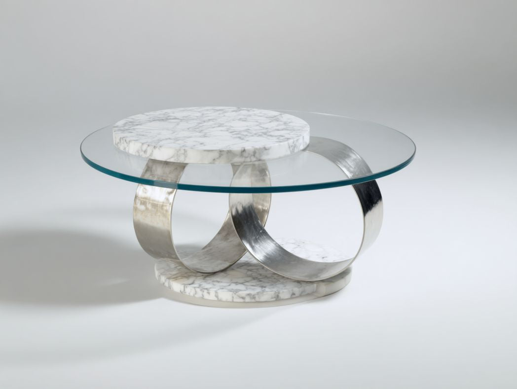 Table basse ronde en verre et marbre avec piètement métallique circulaire