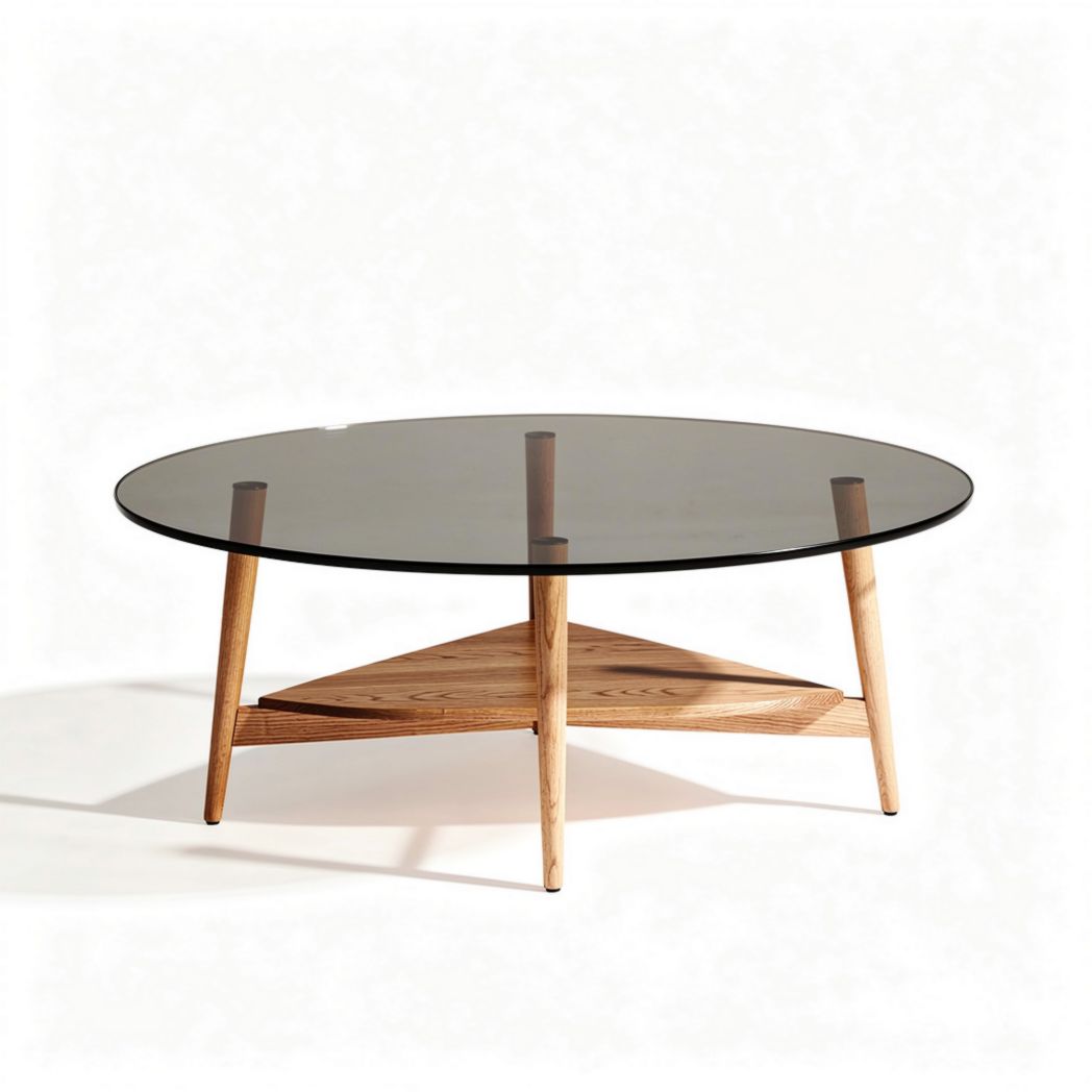Table basse ronde en verre noir et bois 90 x 90 x 45cm avec étagère distincte