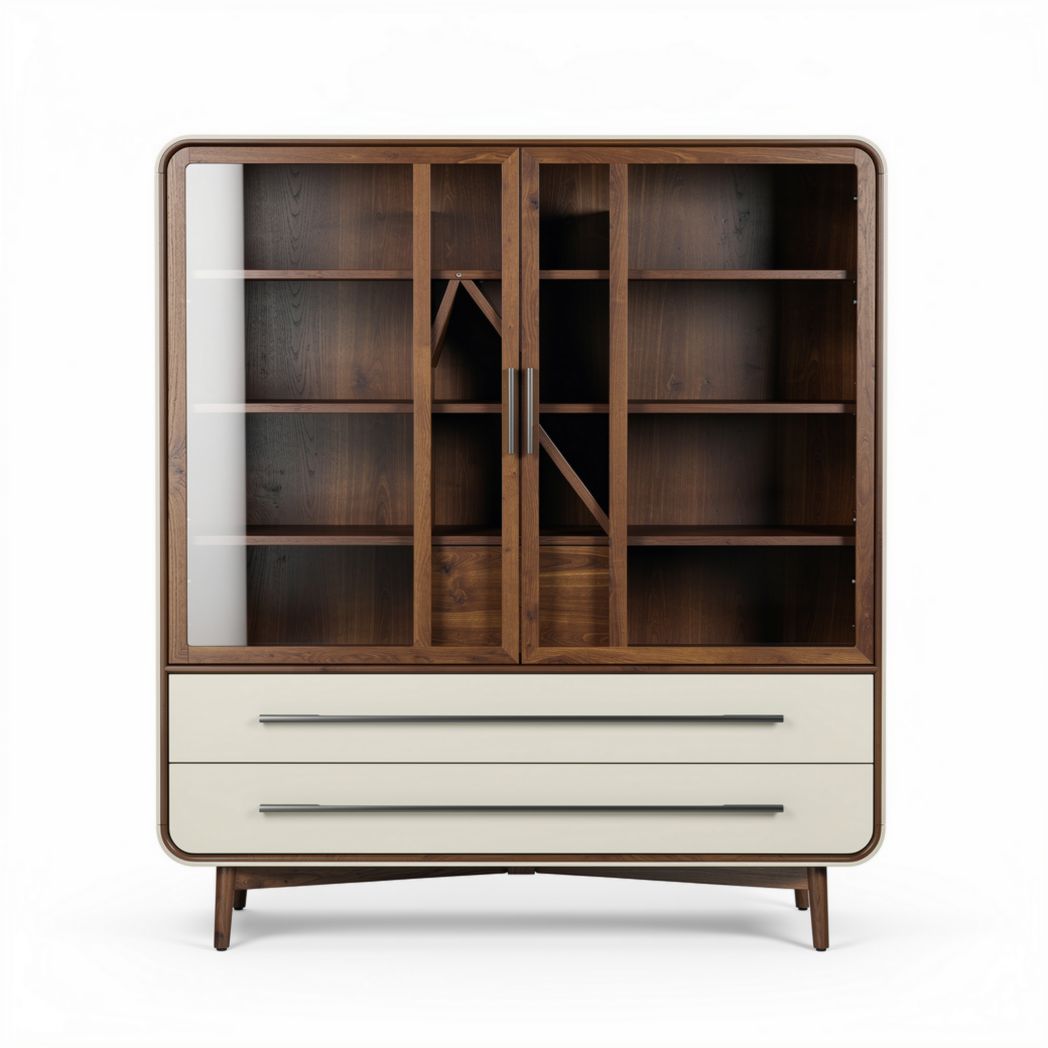 Buffet en bois massif avec portes vitrées et tiroirs 90 x 40 x 120cm