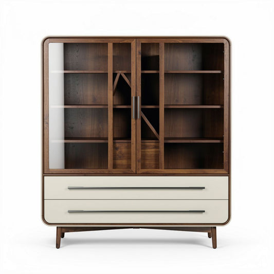 Buffet en bois massif avec portes vitrées et tiroirs 90 x 40 x 120cm