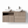 Meuble lavabo double en bois clair avec vasques rondes 120 x 50 x 60cm