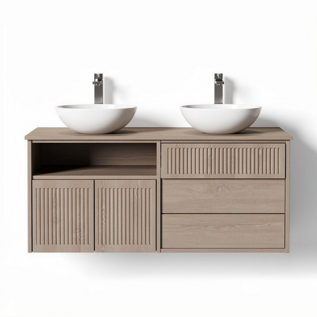 Meuble lavabo double en bois clair avec vasques rondes 120 x 50 x 60cm