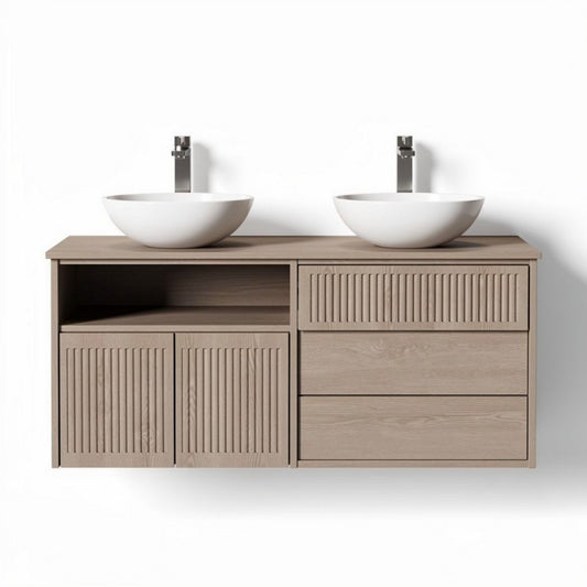 Meuble lavabo double en bois clair avec vasques rondes 120 x 50 x 60cm