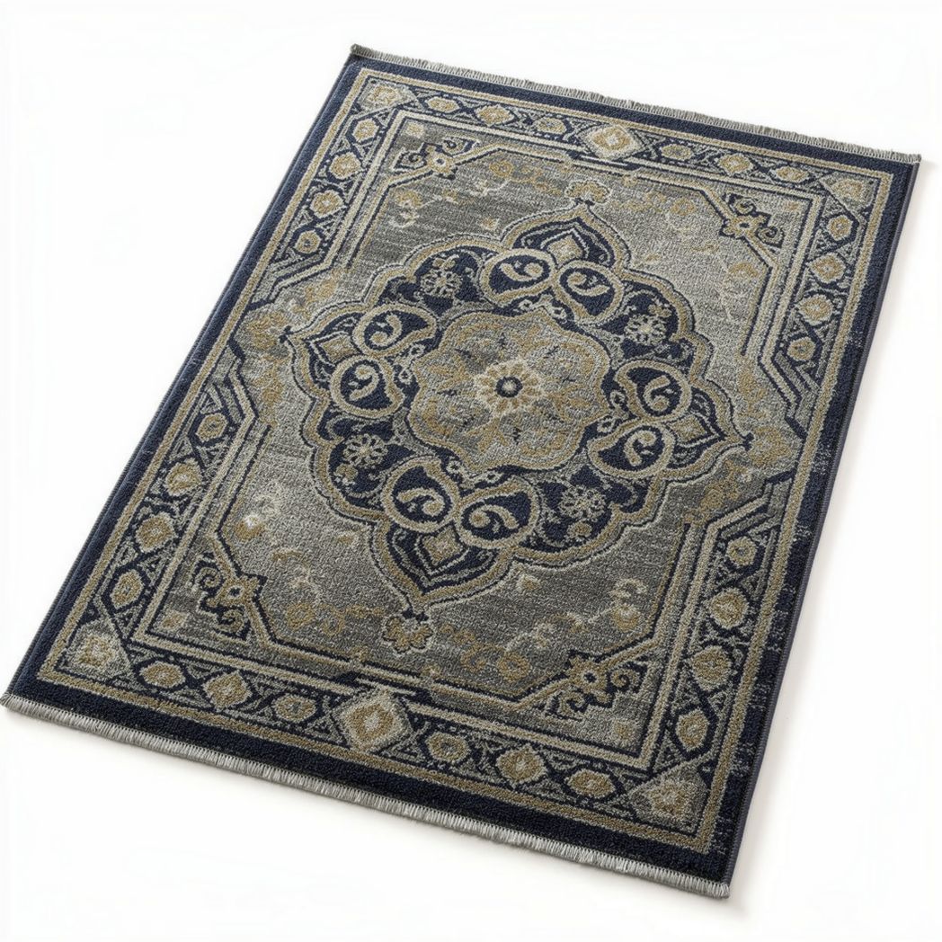 Tapis en polyester bleu et beige pour salon dimensions 200 x 140 x 1cm