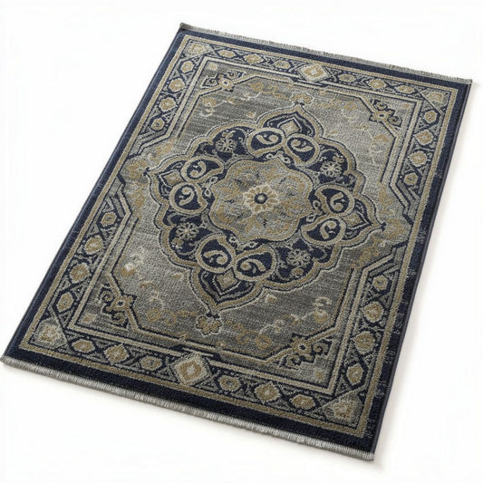 Tapis en polyester bleu et beige pour salon dimensions 200 x 140 x 1cm