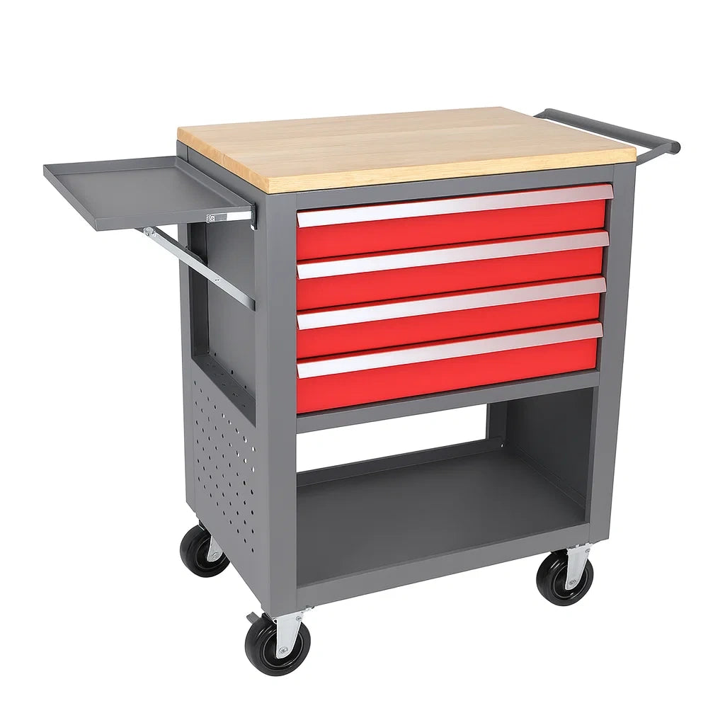 Servante à outils métallique avec plan en bois et 4 tiroirs rouges(Gris/Rouge)