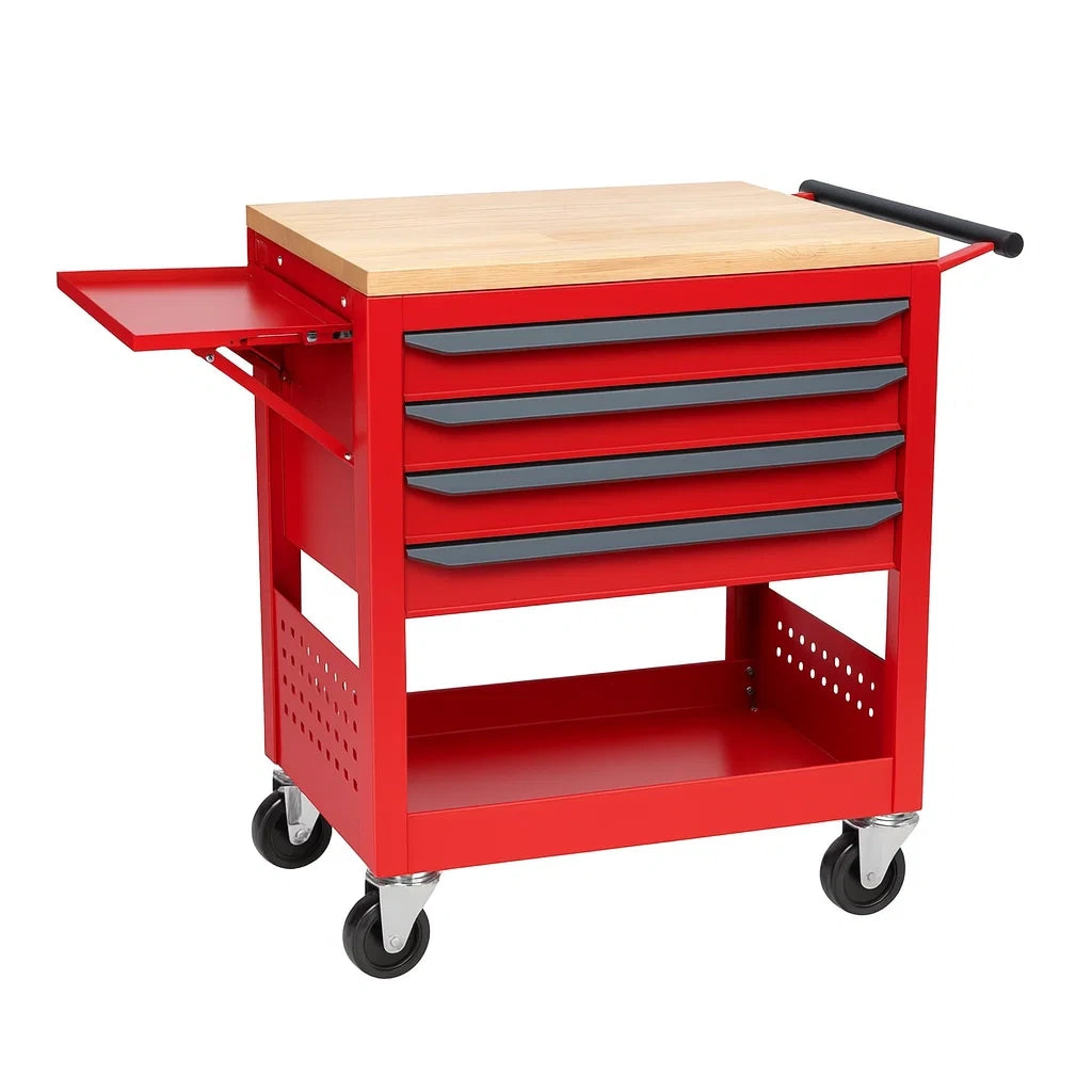 Servante à outils en métal rouge avec 4 tiroirs et plateau en bois(Rouge)