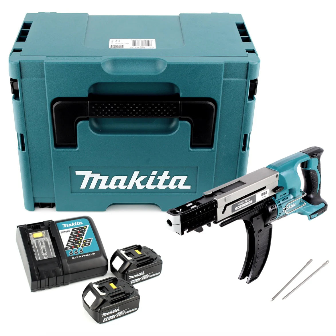 Makita DFR 750 RFJ Visseuse automatique à Magasin sans fil 18V 45-75mm + 2x Batteries 3,0Ah + Chargeur + Coffret Makpac(défaut)