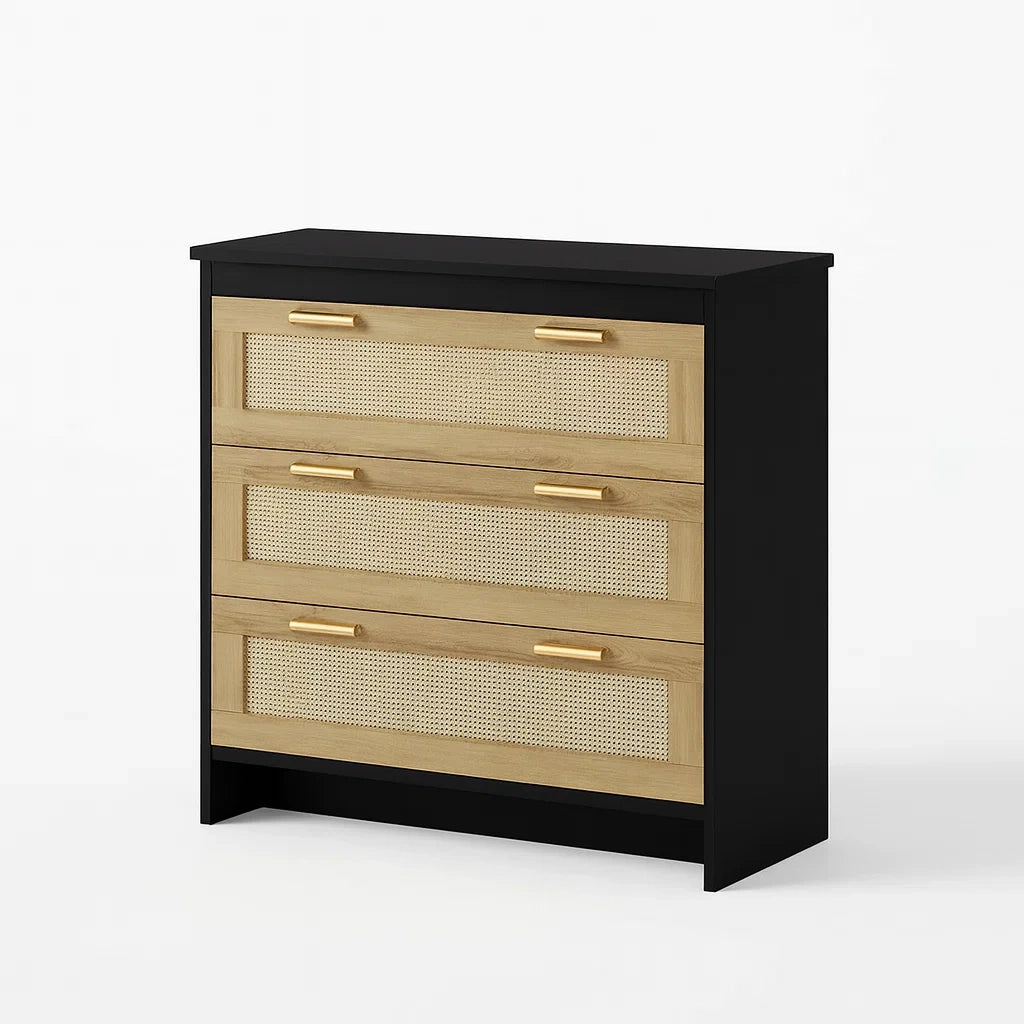Commode à tiroirs 3 tiroirs bois rotin métal noir(Noir/Beige/Doré)