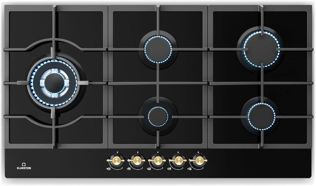 Klarstein Table de Cuisson à Gaz avec 5 Brûleurs – Plaque de Cuisson Encastrable 11100W, Surface en Acier Inoxydable, Compatible GPL(Noir)