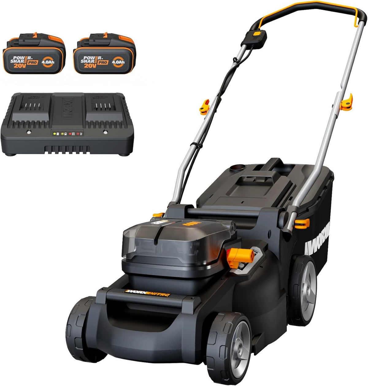 WORX Tondeuse à Gazon sans Fil 40V WG737E, Surface Max de 600 m², Lame de 37cm, Sac de 40L, Coupe jusqu'aux Bordures, 6 Hauteurs de Coupe, Livrée avec 2 Batteries 4Ah et Chargeur Double Rapide(Noir/Gris/Orange)
