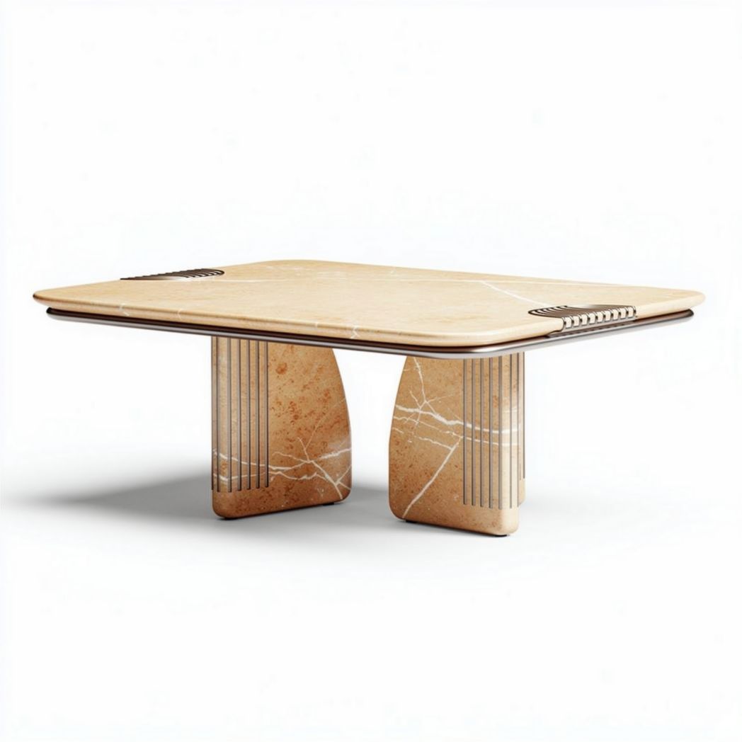 Table basse en marbre beige 100 x 100 x 30 cm avec piètement en métal