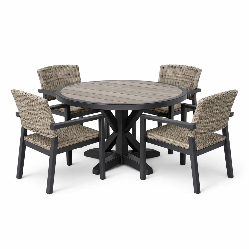 Ensemble de salle à manger extérieur rond en résine tressée et aluminium avec 4 chaises(Gris/Noir)