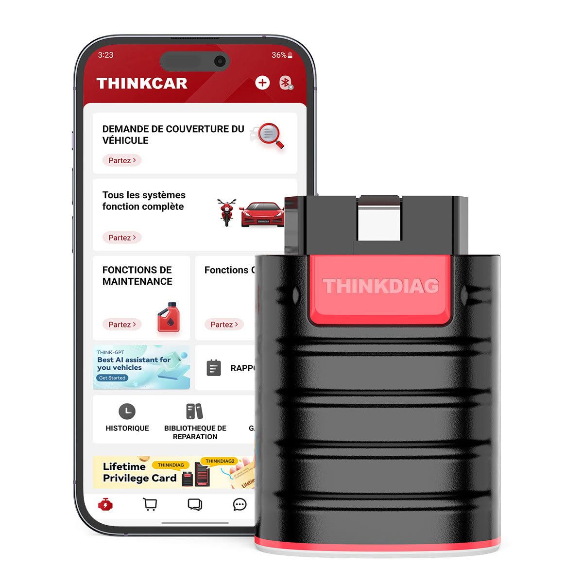 THINKDIAG - Scanner OBD2 Bluetooth Bidirectionnel pour iOS/Android, Codage ECU(Noir/Rouge)