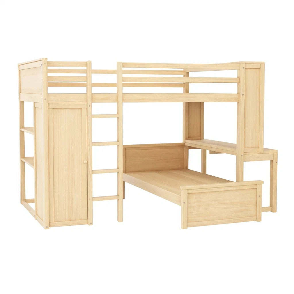 Lit superposé en pin avec échelle et rangement 197x108x150 cm(Bois clair)